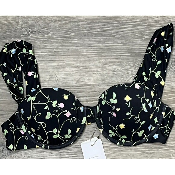 WeWoreWhat Bikini Top XL Underwire Wide Pleat Straps Black Rose Bud NWT Romantic - Picture 2 of 6